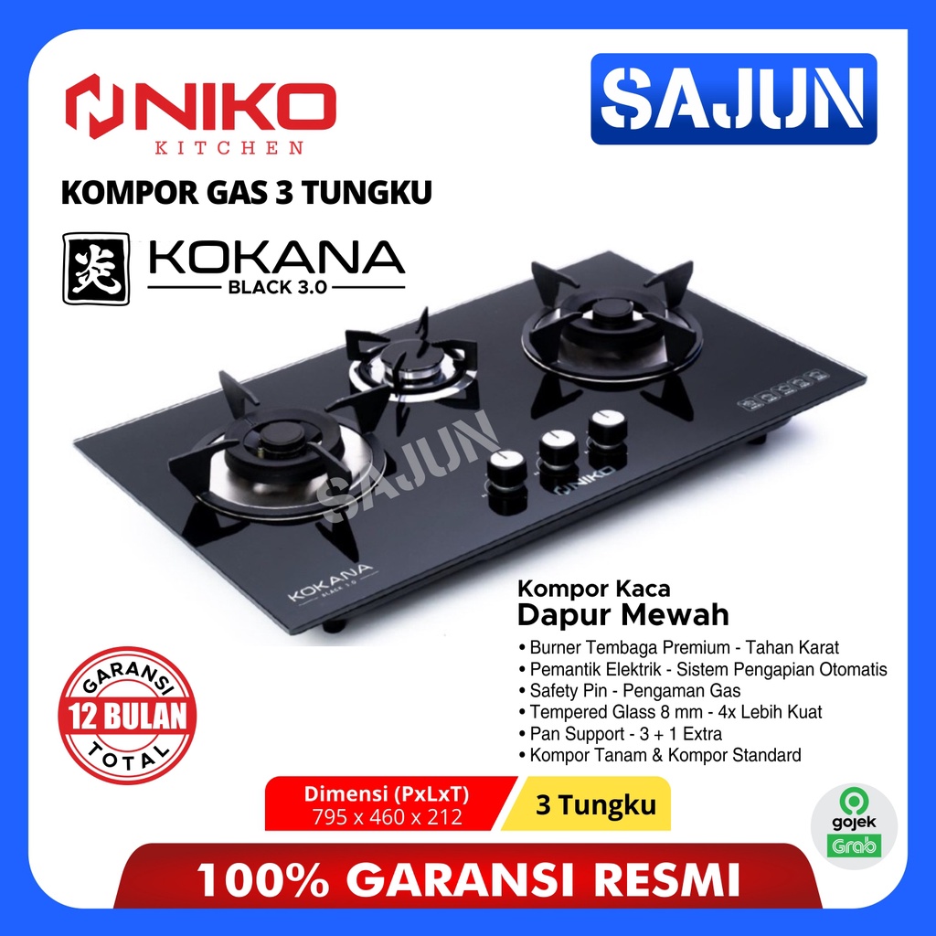 Niko Kompor Gas KOKANA BLACK Tampered Glass Kompor Tanam Atau Meja