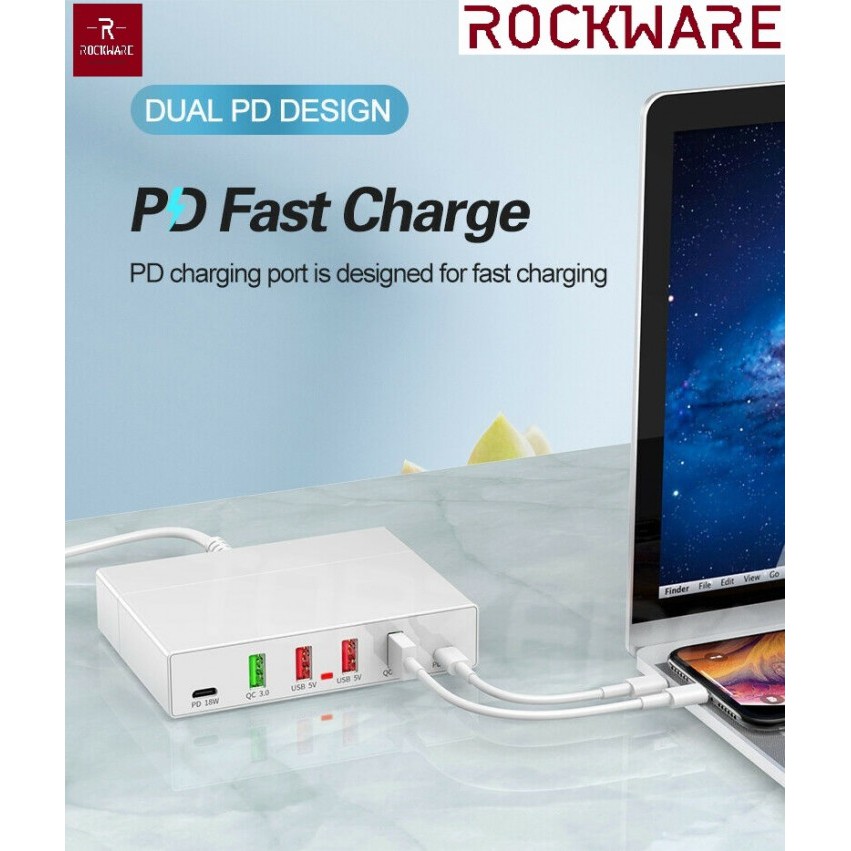 ROCKWARE X5 - 4 USB Port and 2 PD 18W Port Charging Station - 72W