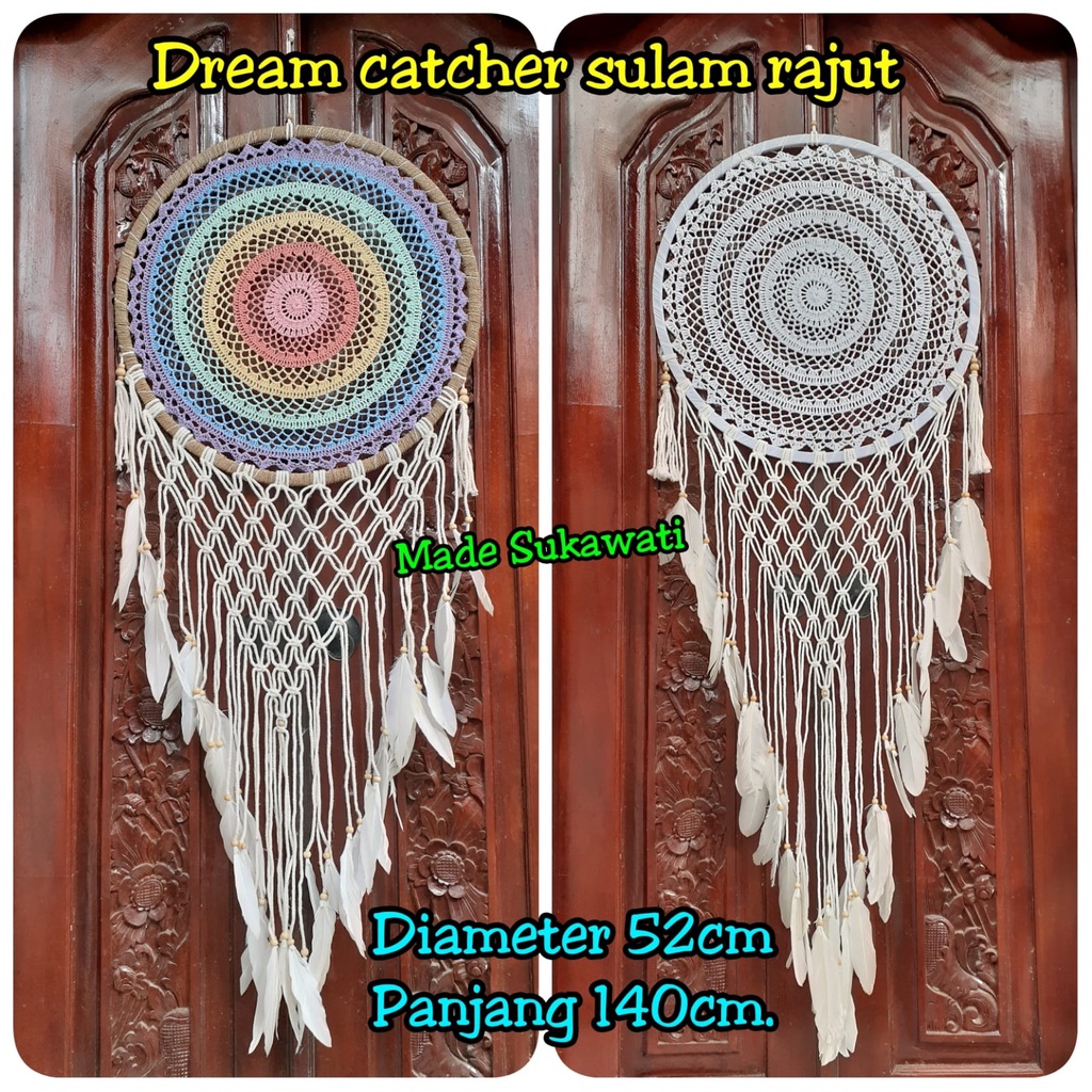 Dream catcher sulam jaring pelangi diameter 52cm dekorasi hiasan rumah bulu ayam