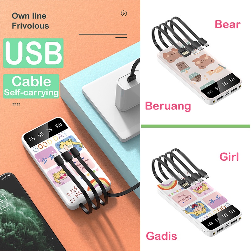 PowerBank 15000mAh Fast Charging Power Bank LED Digital Display Portable Mini PowerBank Built in Cable 5in1 Type C USB Lightning Micro