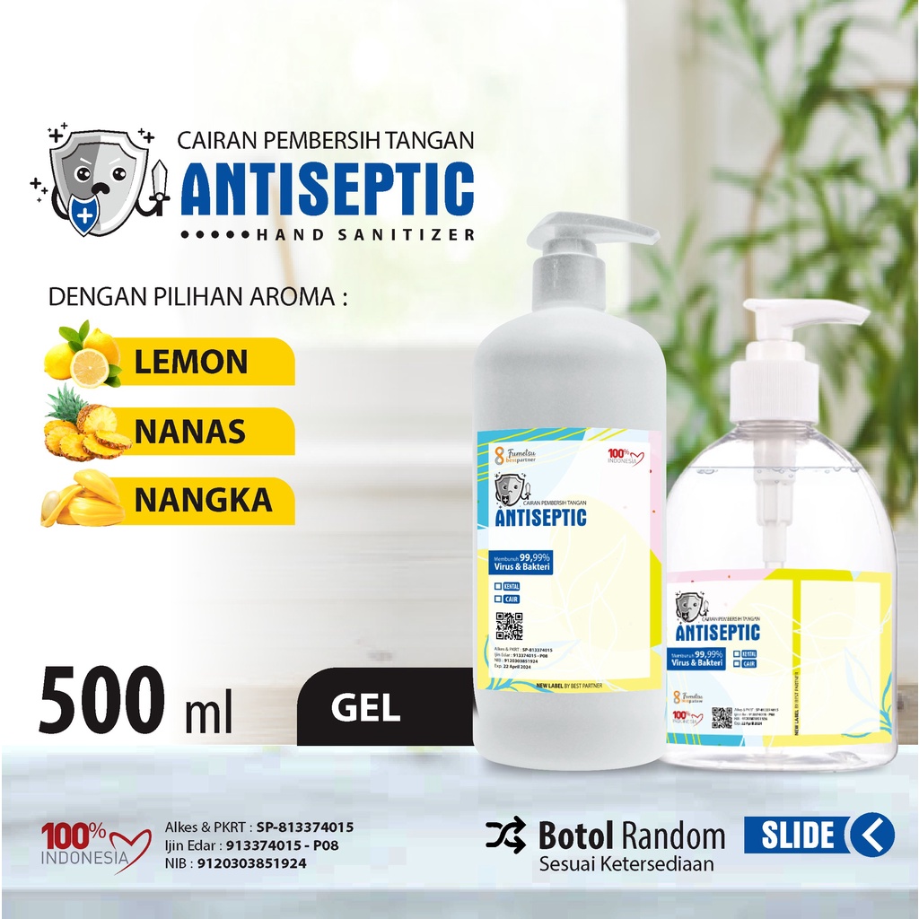 HandSantizer Gel Putihan  Antiseptic Varian Aroma Segar / Varian Buah Segar 500 ML BOTOL  PUMP