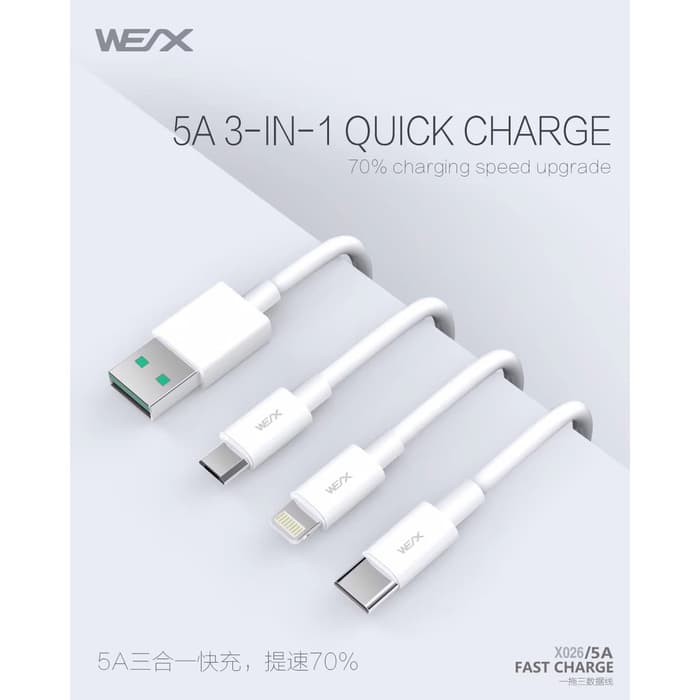 Kabel Data WEX 3 in 1 Fast Charging iOS + Micro +Type C Ori 5A - 120CM Pasarbb