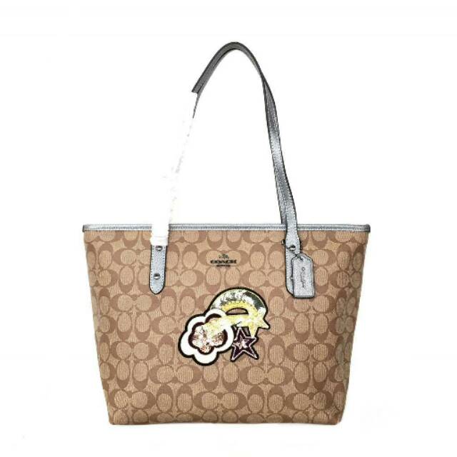 Coach City Zip Tote In Signature With Glitter Patch star rainbow clouds totebag bag ori  authentic