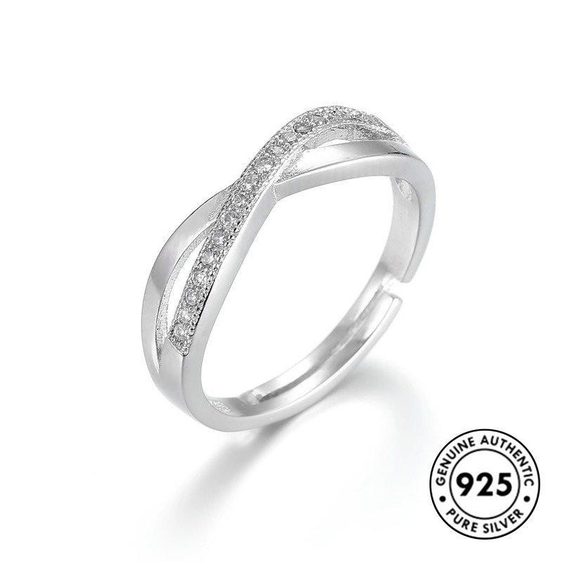 Cincin Sterling Silver 925 Bentuk X Silang Hias Berlian Imitasi Simple Elegan Untuk Wanita