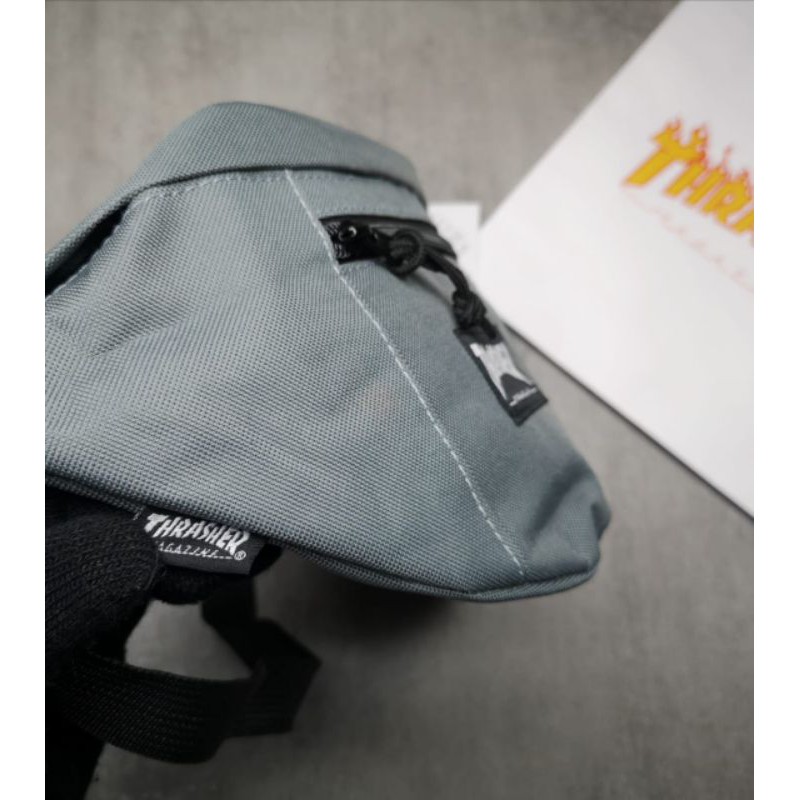 Waistbag Thrasher Flame Logo Waist Bag Grey With Paperbag Tas pinggang pria dan wanita