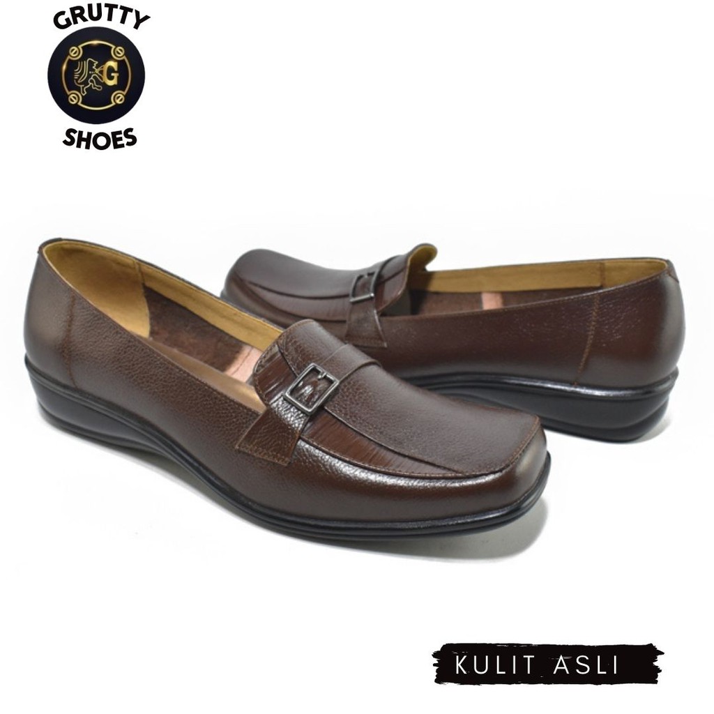 Sepatu Wanita Pantofel Kerja Model Flat Shoes  Kulit Grutty Coklat