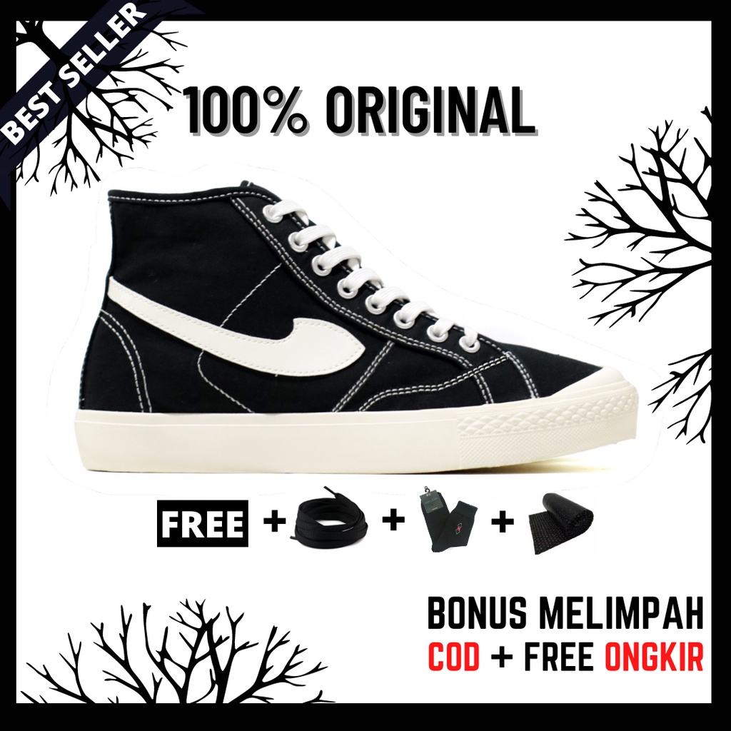 100% Original Sepatu Brand Lokal Casual Black White Hi Not Compass Gazelle Black White High