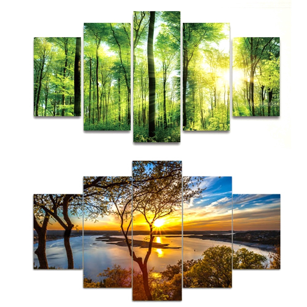 5pcs Lukisan Kanvas Desain Pemandangan Forest Lake Hd Modern