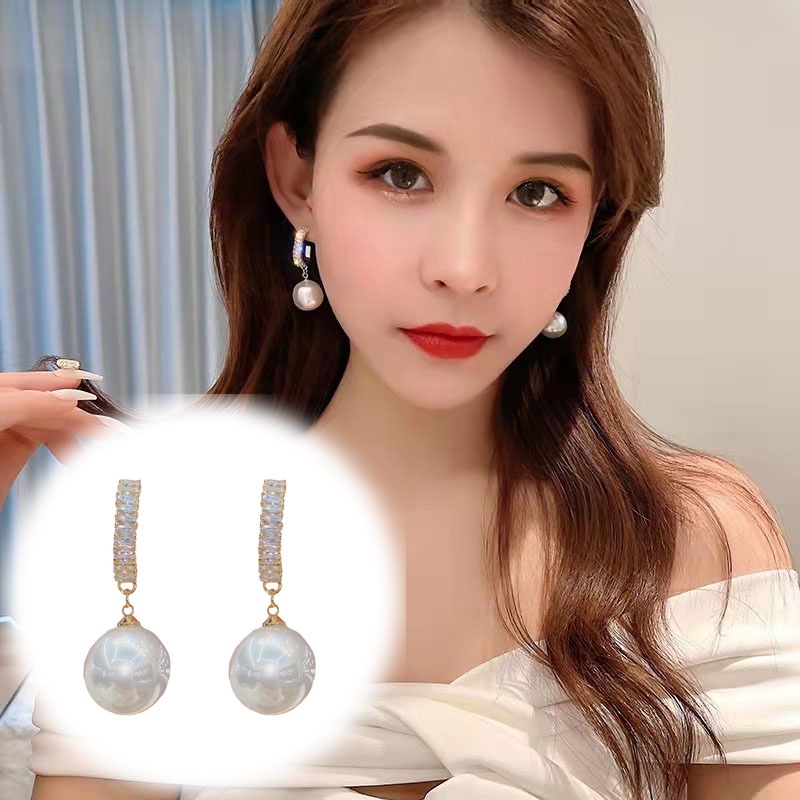 Anting Tusuk Gantung Hias Zircon + Mutiara Gaya Simple Untuk Wanita