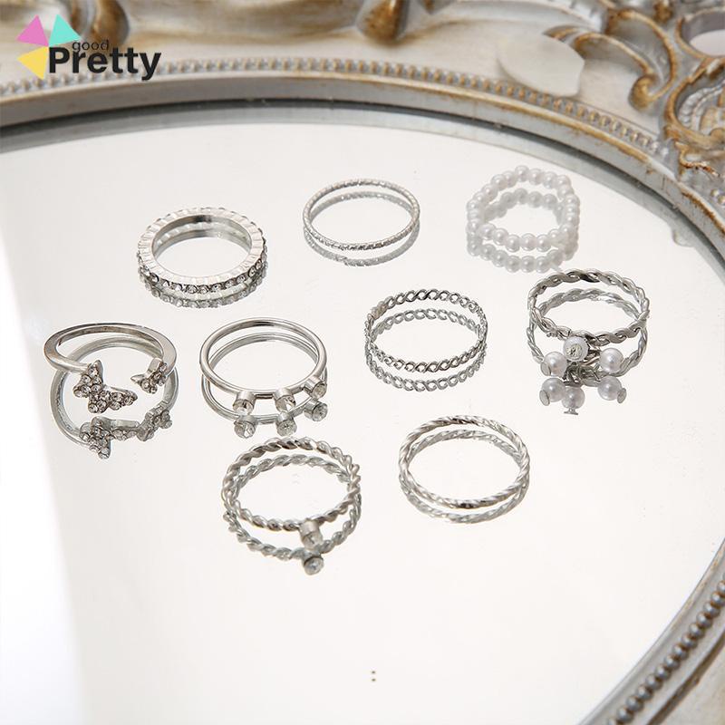 9PCS Set Cincin Wanita Tipis Berongga cincin Mutiara Kristal Kupu-kupu Berlian Premium Knuckle Ring