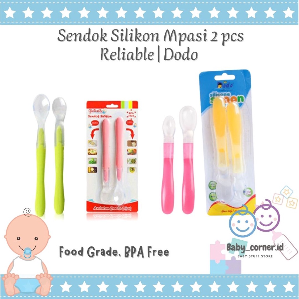 Sendok Mpasi Bayi Silikon Silicone Isi 2 | BPAFREE | RELIABLE | DODO | set sendok garpu makan bayi antisedak gagang pendek