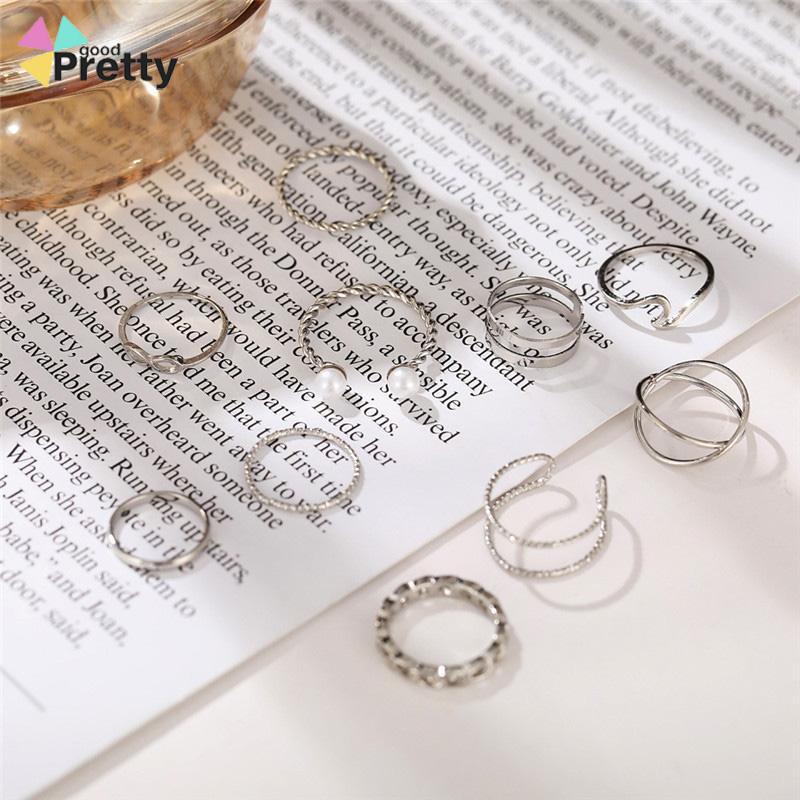 10 Buah Set Wanita Kreatif Sederhana Manik-manik Ganda Cincin Gabungan Geometri Gelombang Mutiara - PD