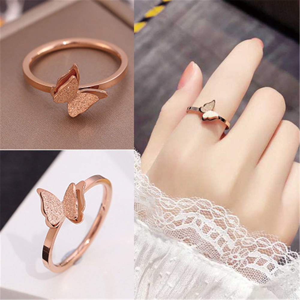 Rose Gold Titanium Steel Perhiasan Jari Telunjuk Kupu-kupu Sederhana untuk Wanita