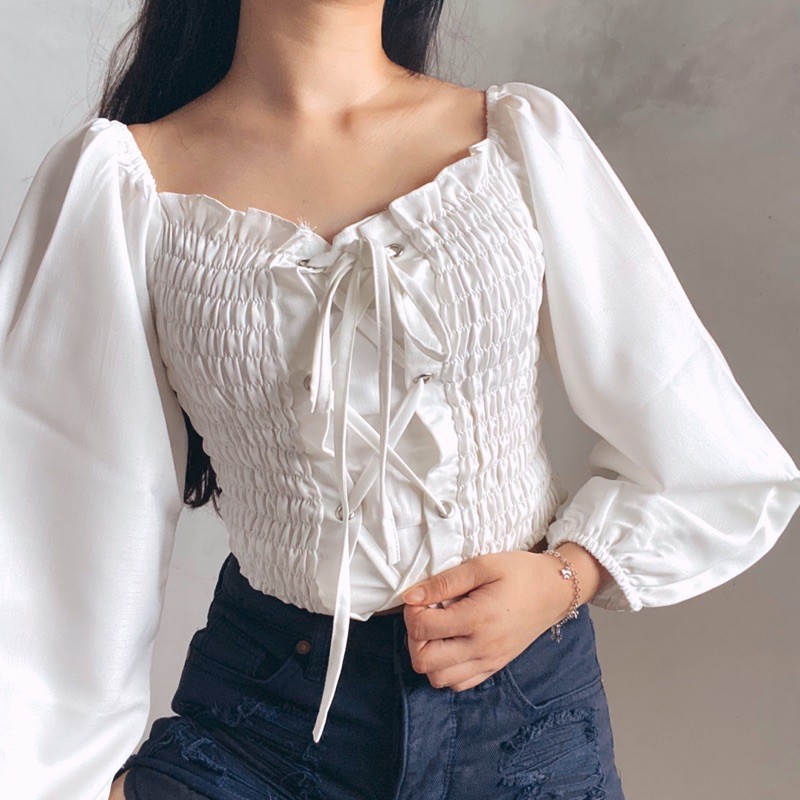 [Khusus PUTIH PO 4 HARI] HANEUL White Blouse Sabrina Lace Long Sleeve Top