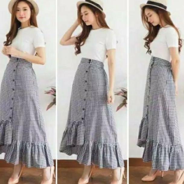 Rok Zara / Rok Wanita Panjang / Rok Tartan Kotak Panjang Raffle Skirt - Kotak hitam, all size