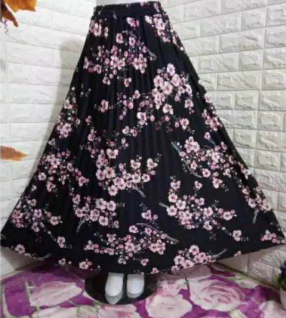 Rok Plisket Import Motif Bunga Sakura Premium