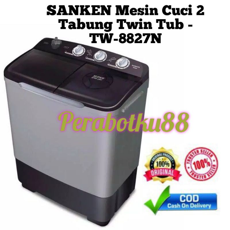 SANKEN Mesin Cuci 2 Tabung Twin Tub - TW-8827N - Hitam Low Watt   kapasitas 7.5Kg TW 8827 EGY MURAH 