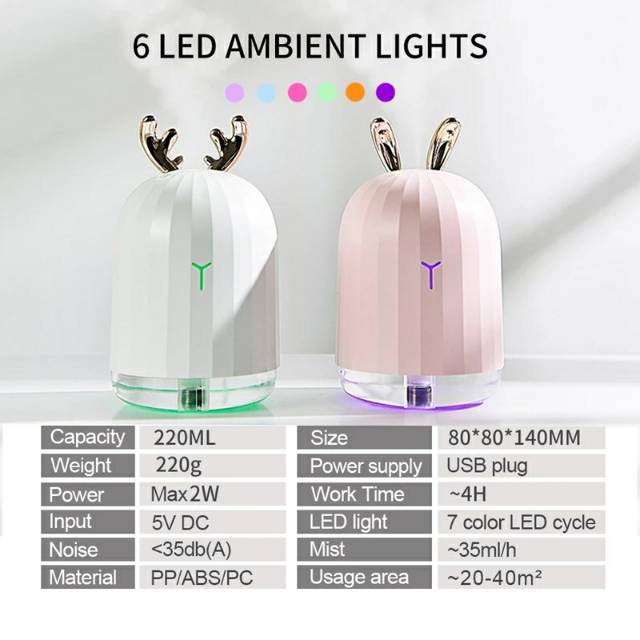 HUMIDIFIER PURIFIER DIFFUSER AROMATHERAPY WHITE PINK DEER CUTE 220 ML PELEMBAB UDARA AROMA OIL