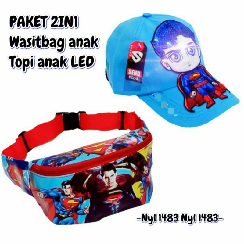 WAISTBAG ANAK  PAKET HEMAT 2IN1 SUPERMAN/TOPI LED (NYALA)