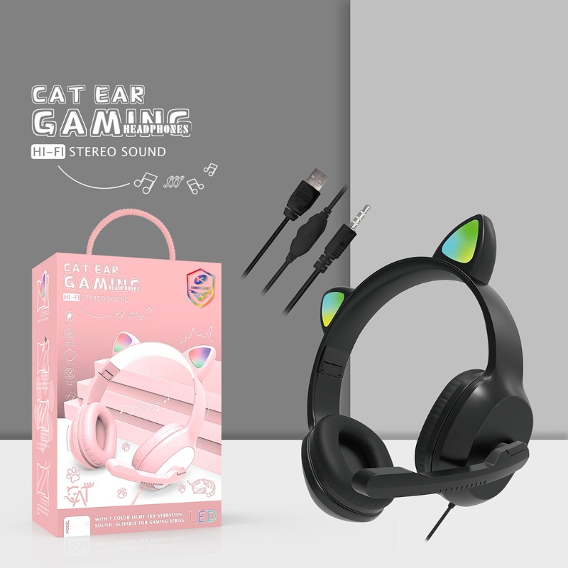 Btsg Headset Gaming Wired PC Game Headphone USB 7.1 Surround Adjustable Lucu Untuk Dekorasi Telinga Dengan Mic