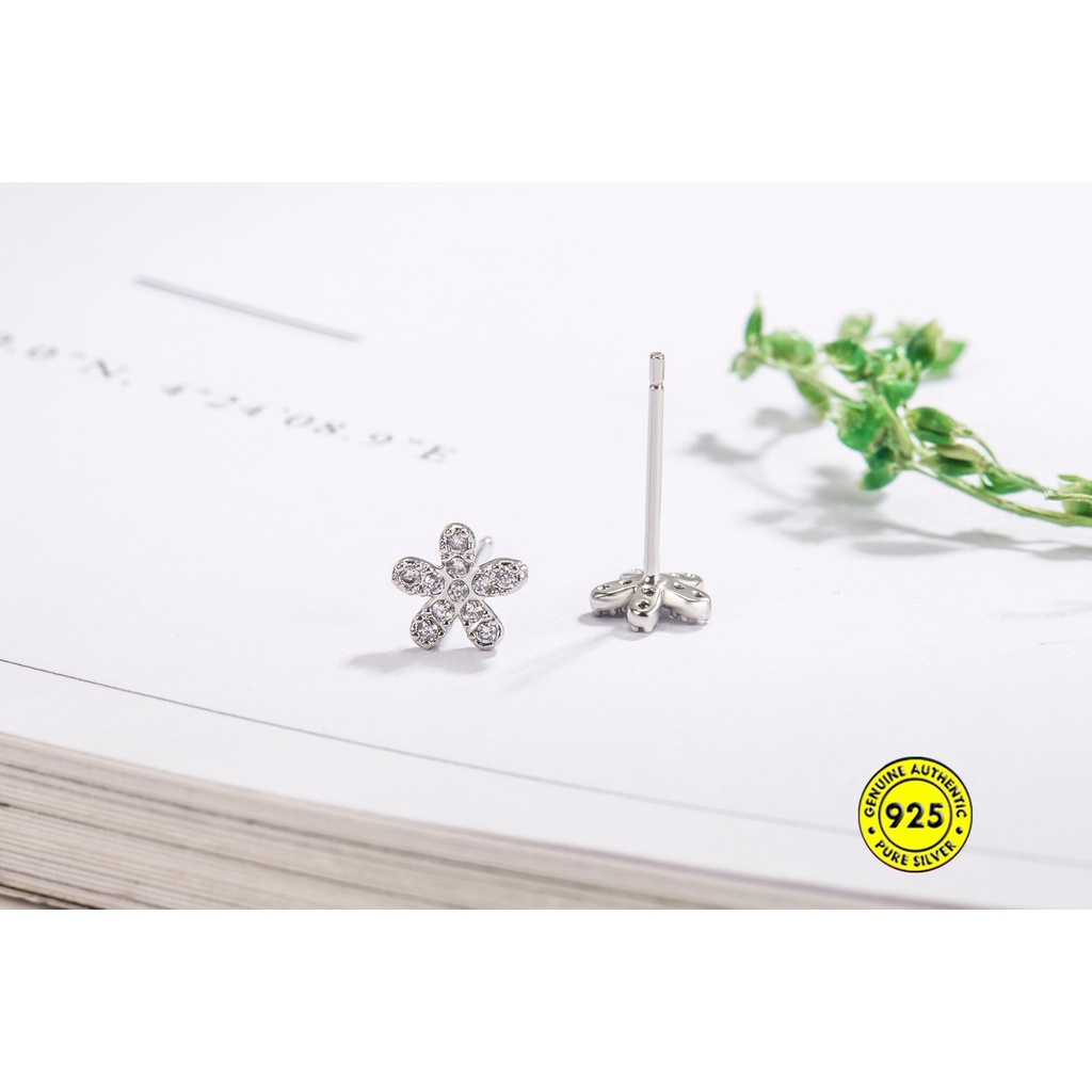 Anting Tusuk Sterling Silver 925 Desain Bunga Hias Berlian Imitasi Untuk Wanita