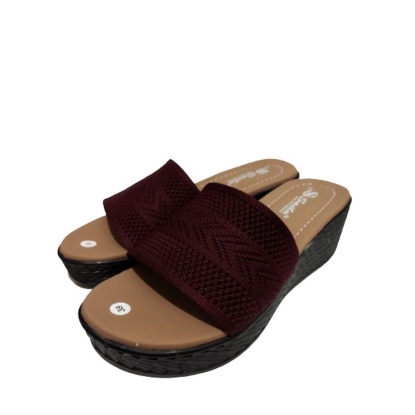 sandal wanita wedges slop turki rajut kotak merek saila hak 5cm