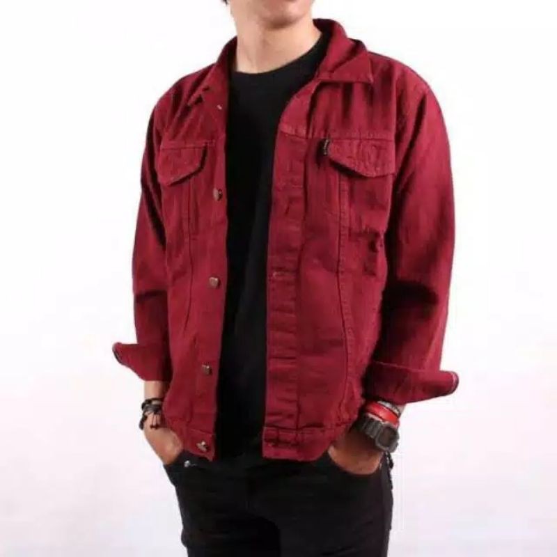 CUCI GUDANG!!!JAKET JEANS POLOS PRIA-JEANS DENIM-JEANS COWOK-JAKET JEANS GAMBAR-JAKET LEVI-MAROON