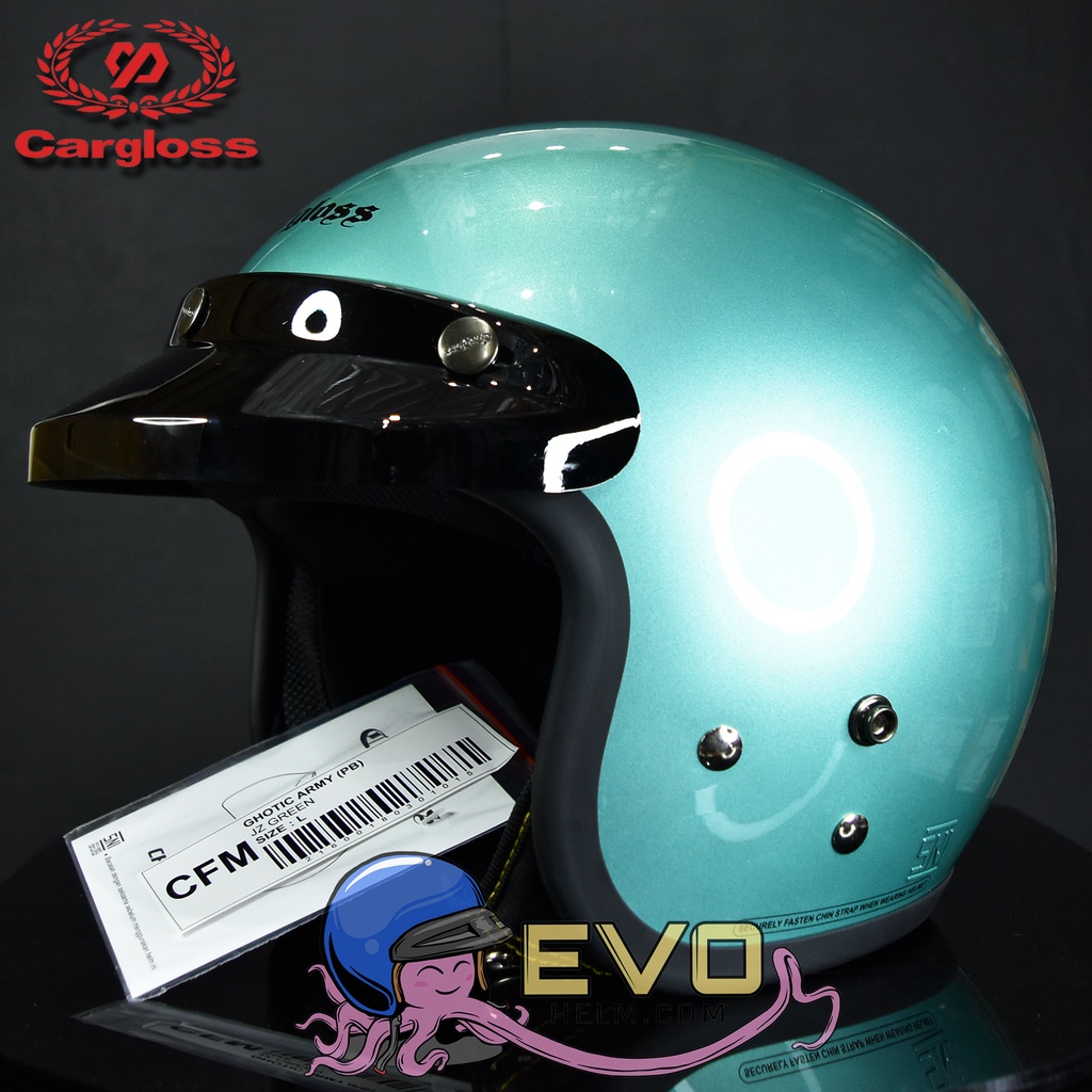 HELM CARGLOSS ORIGINAL CFM RETRO ARMY HALF FACE - HIJAU TOSCA / JZ GREEN + KACA DATAR