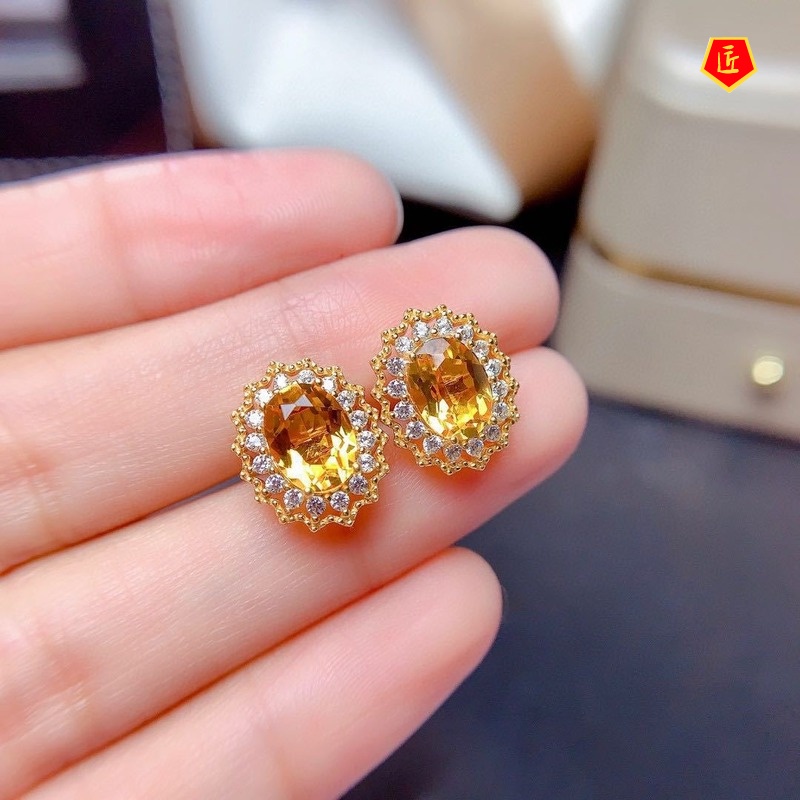 [Ready Stock]Lucky Citrine Pendant Set Full Diamond Rings Ear Studs