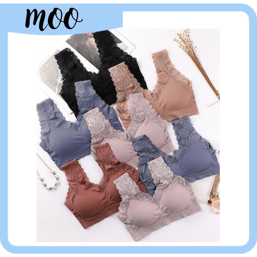 MOO BAR025(COD) Bra Wanita V-Neck Aksen Hem Lace BEST SELLER impor dengan busa yang tebal