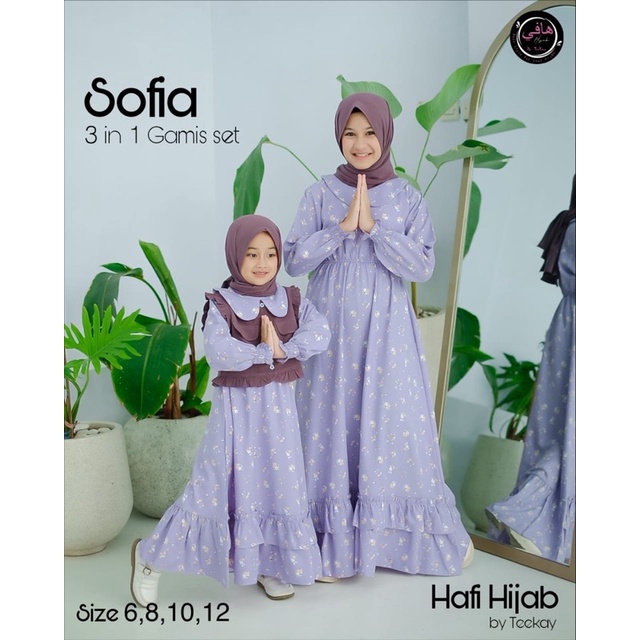 Gamis Set Sofia Anak Perempuan - Dress Jilbab 3 in 1 Cewek Lucu Nyaman - Dres Panjang Hijab Khimar Usia 6 8 10 12 Tahun