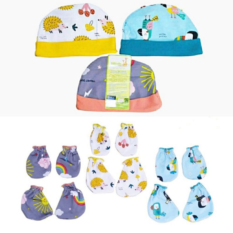 SET Topi Sarung Tangan Kaki Bayi Newborn Velvet Junior Libby Aruchi Banyak Motif Lucu