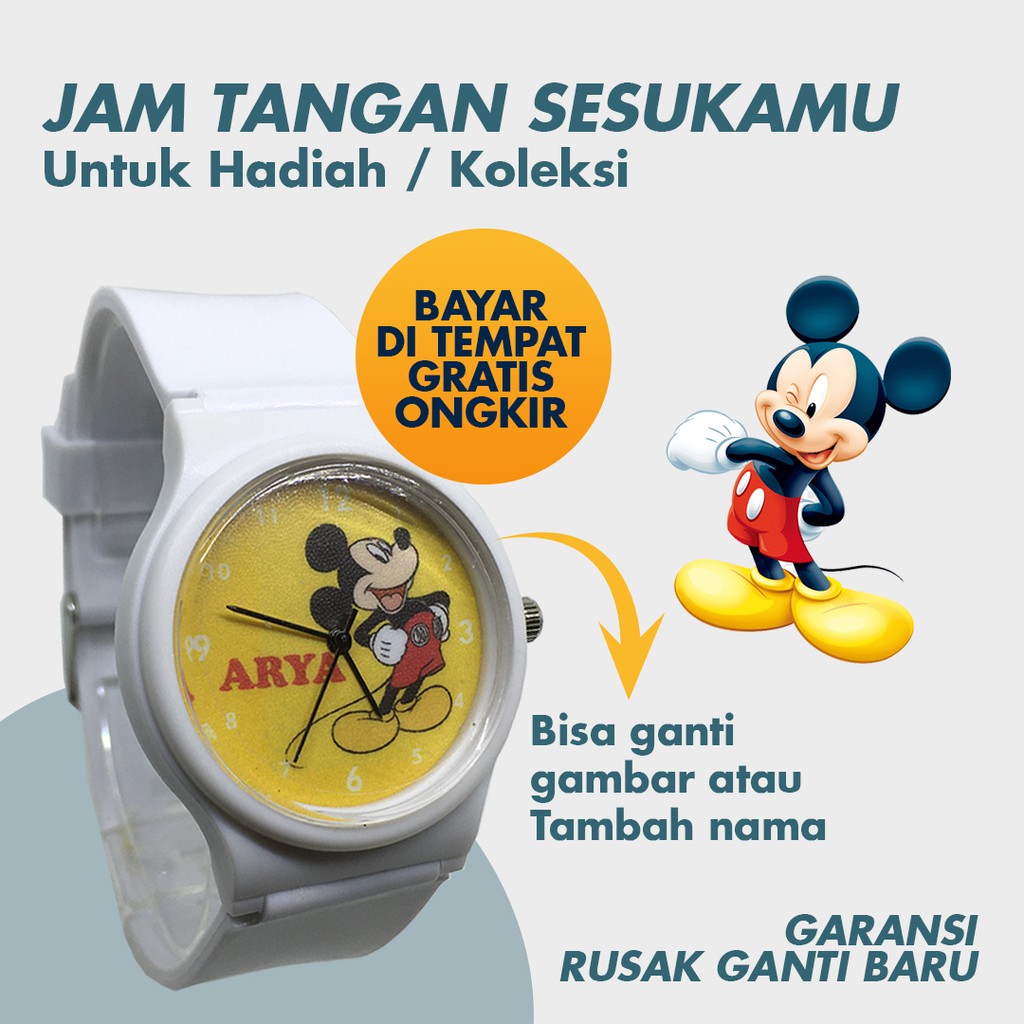 Jam Tangan Anak Custom Perempuan Cewek Kado Ultah Ulang Tahun Karakter MICKEY MICKY MOUSE Putih