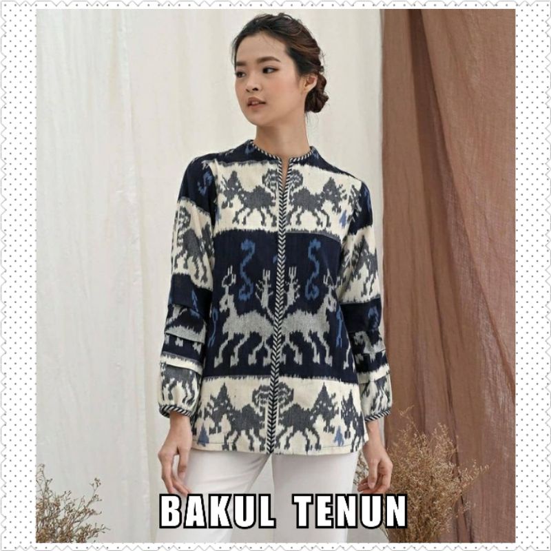 BLOUSE TENUN MOTIF HEWAN NTT BIRU - KEMEJA WANITA TENUN - ATASAN TENUN