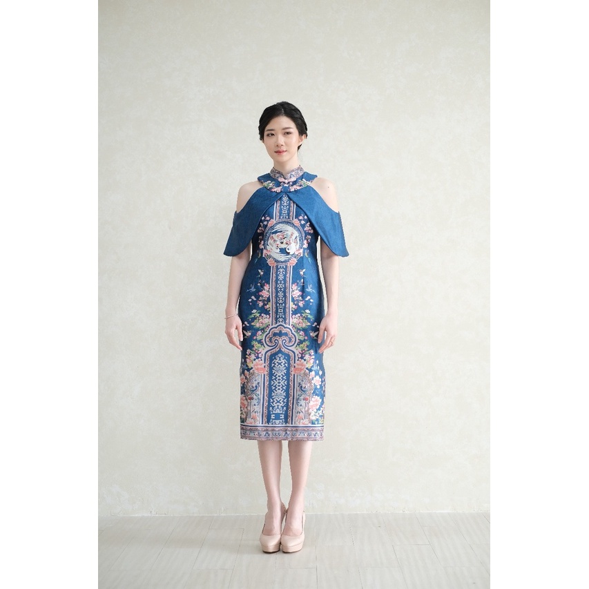 DRESS DAN KEMEJA CHERRY BLOSSOM CRANES TEAL BLUE C1