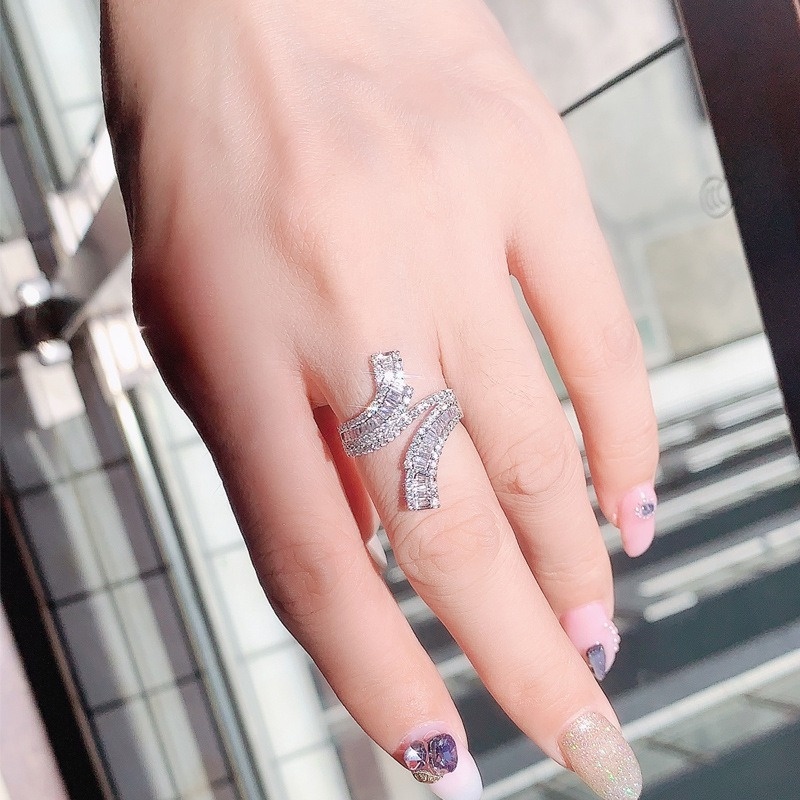 Fashion Elegant Graceful Platinum Ladder Square Full Rhinestone Ring