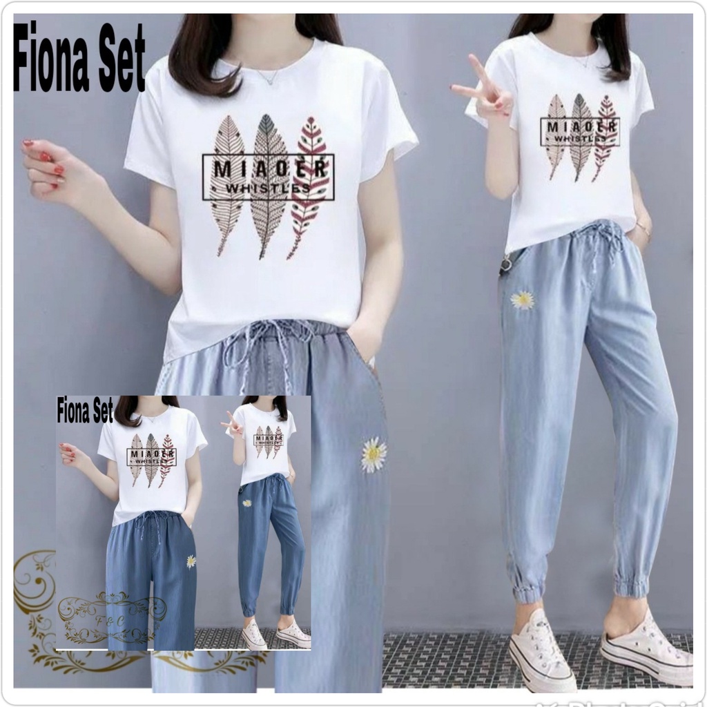 Setelan wanita terbaru/ Fiona set celana jeans + kaos / one set denim / pakaian wanita dewasa kekinian