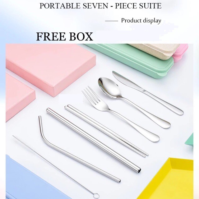 Cutlery Set Travel Paket Alat Makan Sendok Garpu Pisau Sumpit Sikat Pembersih Sedotan Stainless