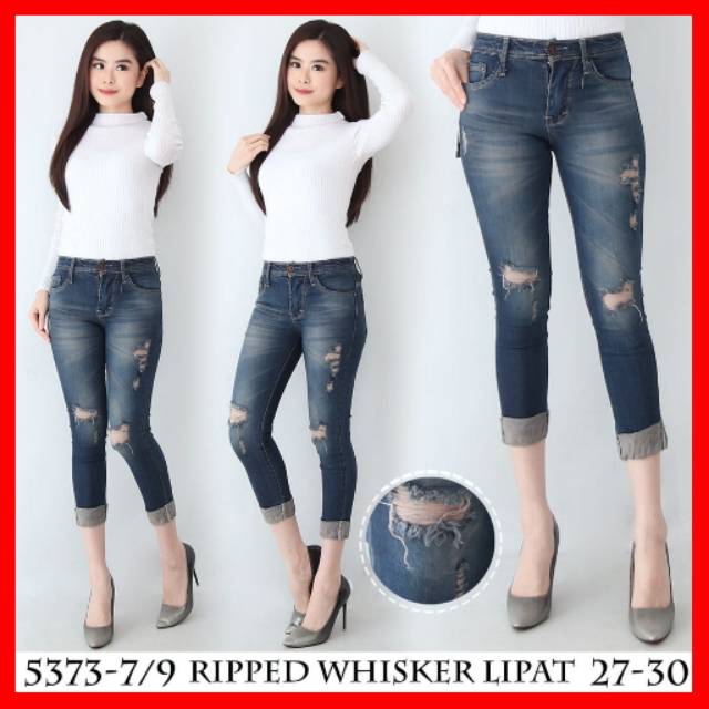 CELANA 7/9 RIPPED JEANS SKINNY PENSIL WANITA SOBEK LIPAT GULUNG BAWAH ROBEK 7 PER 9 CEWEK 5373