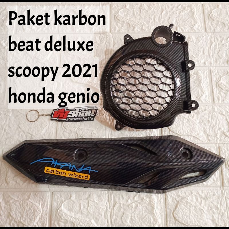 Paket karbon beat deluxe genio  2021 tutup kipas karbon/knalpot karbon hitam beat street led new