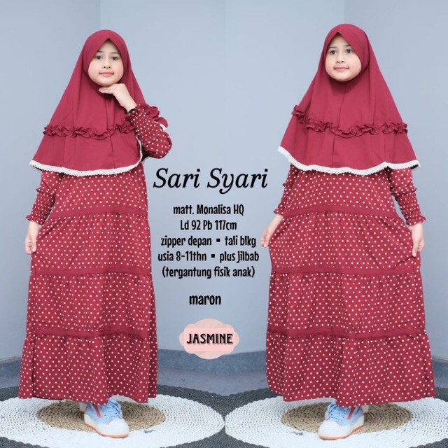 Sari Syari (Gamis Set Hijab Syar’i Anak Sekolah SD Monalisa Motif Dotty Garis Dua Warna Jilbab)
