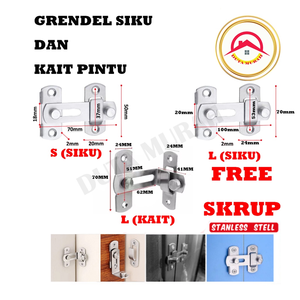 Grendel Slot Pintu L (Besar) / Grendel Kait Pintu Geser / lemari Minimalis Stainless Steel