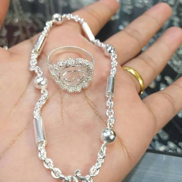 Gelang perak murni rantai bola balok