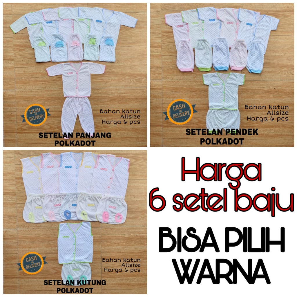 1/2 LUSIN (6 stel) Setelan bayi POLKADOT perlengkapan bayi lahir