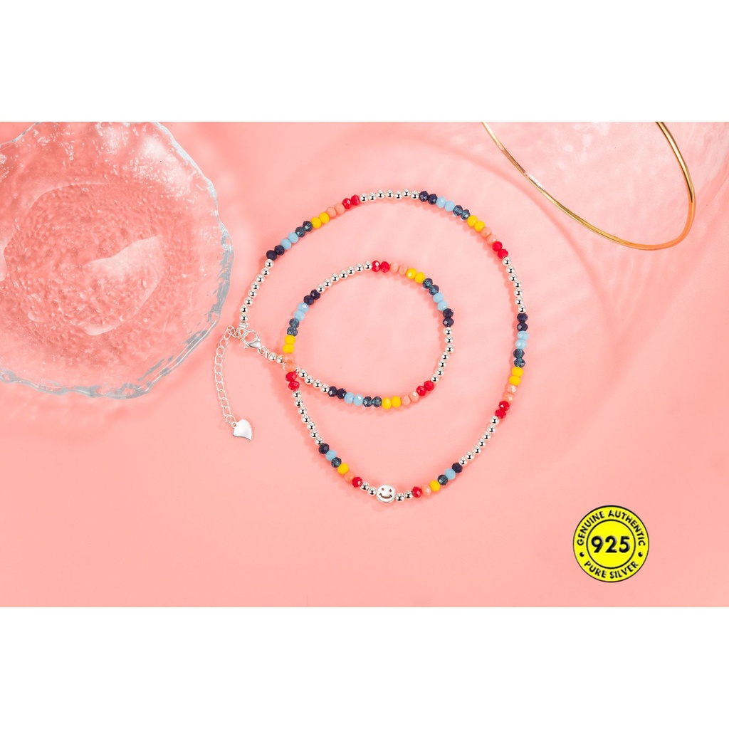 Kalung Rantai Klavikula Hias Manik-Manik Smiley Warna-Warni Gaya Eropa Amerika Untuk Wanita