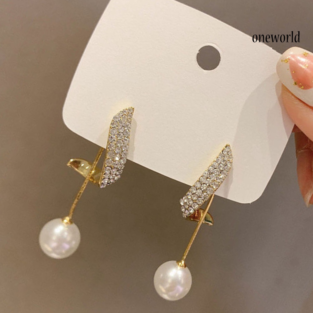 OW# 1 Pair Faux Pearl Drop Stud Earrings Unique Geometric Rhinestone Pearl Pendant Stud Earrings for Holiday