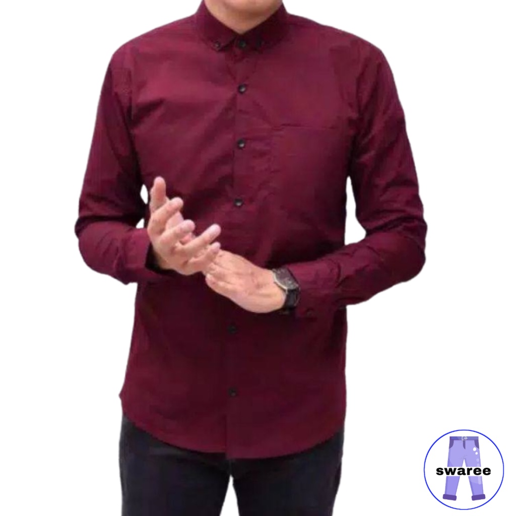 Kemeja Cowok Polos Lengan Panjang Slimfit Hem Pria Kantor Hitam Navy Putih Maron Army