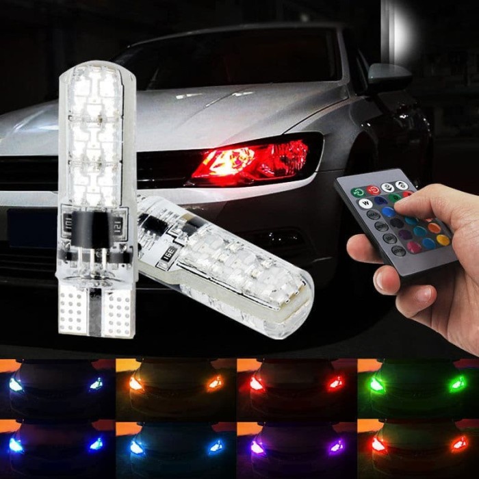 Lampu LED RGB Lampu Senja Mobil Motor Dengan Remote 2Pcs LED T10