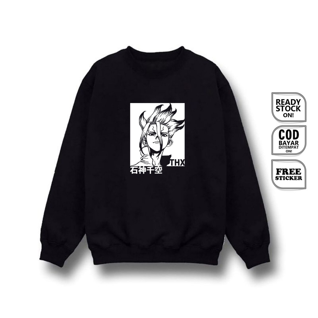 SWEATER CREWNECK ANIME MANGA DR. STONE SENKU ISHIGAMI KASEKI KOHAKU TETSUYA BAJU JEPANG SAGARA SIGN