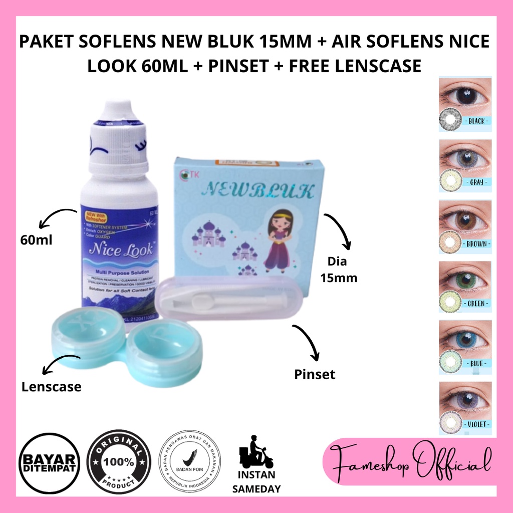 PAKET SOFTLENS NEWBLUK DIA 15MM NORMAL &amp; MINUS + CAIRAN NICE LOOK 60ML + PINSET + LENSCASE / COD INSTAN SAMEDAY / LENSA KONTAK / PAKET MURAH